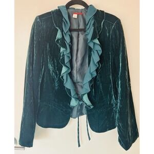 Tape Measure Dark Green Velvet Crepe Ruffle Tie Front Long Sleeve Jacket Size 10